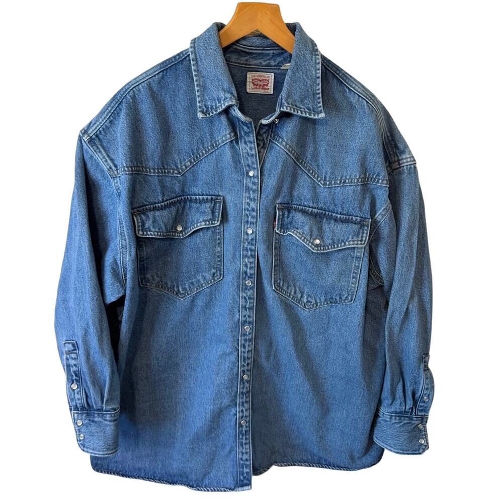 Levi's Women's Blue Denim Pearl Snap Button Up Western Wear Long Sleeve Top XL